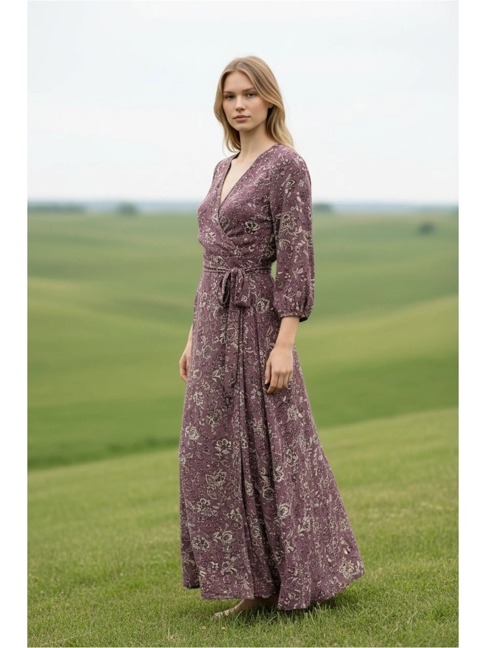 Knox Rose Womens Purple Floral Print Long Sleeve Tiered Maxi Dress